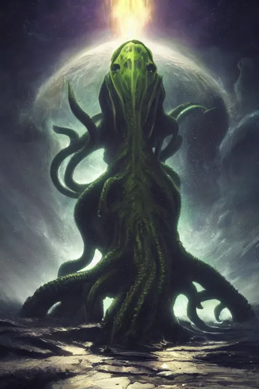 Prompt: cthulhu in space looking at earth, larger than earth, huge, towering, gigantic, high octane, 8 k, digital art, magic the gathering, mtg, by greg rutkowski, trending on artstation