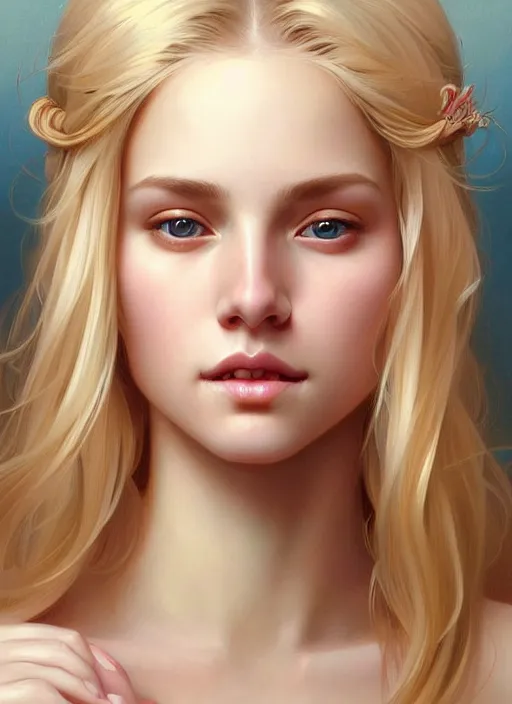 Prompt: beautiful feminine face! portrait of young woman blessed by god with ever - increasing physical mental perfection, blonde hair, symmetrical! intricate, elegant, highly detailed, holy perfection!! smile, feminine features, digital painting, artstation, concept art, smooth, sharp focus, illustration, art by artgerm and greg rutkowski and alphonse mucha