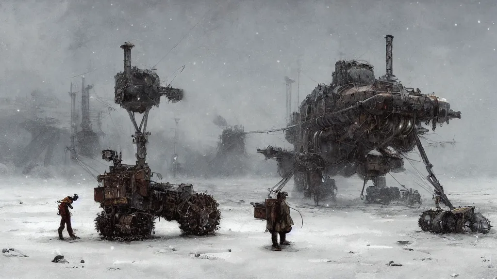 Prompt: 1920's broken down bipedal walker mech in the snowy tundra, oil drill in the distance, steampunk airship above, painted by Jakub Rozalski