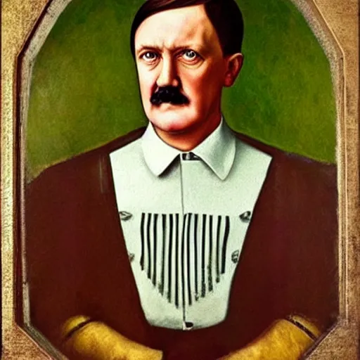 Prompt: ‘Portrait of Adolf Hitler in womens clothes, renaissance painting’