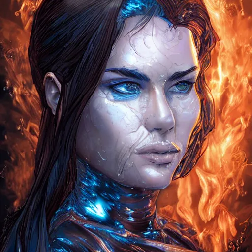 Image similar to woman portrait made out of ice and fire, beautiful, cyborg, comic book art, highly detailed, trending on artstation