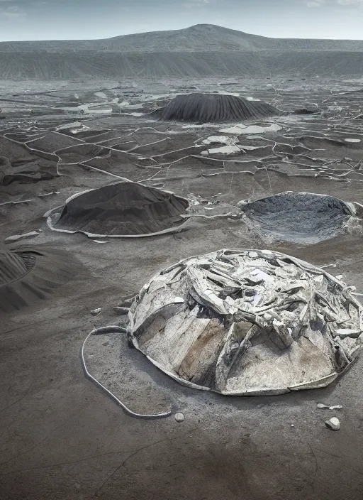 Image similar to bioremediation invisible white architecture, in the mining tailings of chuquicamata, epic, cinematic, hyperealistic, high detailed, corona render, hdr, ray tracing