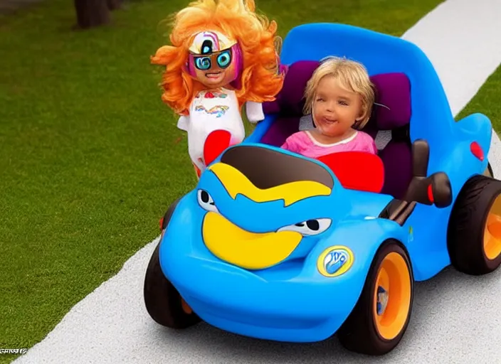 Prompt: the ultimate warrior driving a little tikes cozy coupe, movie still, from the new fast and furious movie, 8 k, realistic