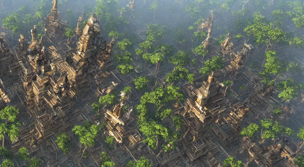 Image similar to wood fortress greeble block amazon jungle accadamy of tower cristal global illumination ray tracing