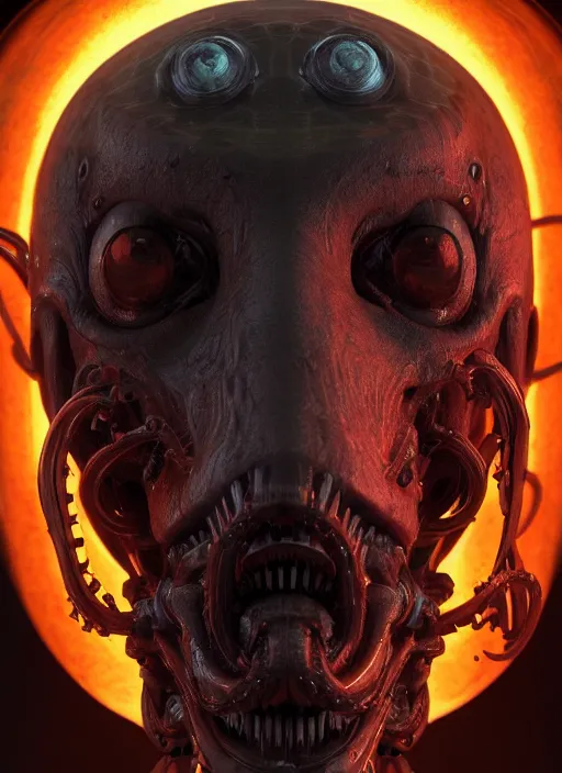 Prompt: a portrait up of a creepy looking biomechanical cthulu head, gigeresque cyberpunk art by ikuo hirayama, photorealism, octane render, behance hd, polycount, glowing fire background