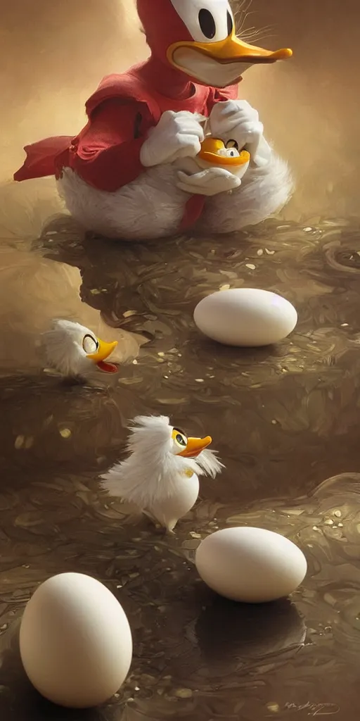 Image similar to realistic photography of a terrified donald duck eating hard boiled eggs, deep focus, intricate, elegant, highly detailed, digital painting, artstation, concept art, matte, sharp focus, illustration, art by artgerm and greg rutkowski and alphonse mucha