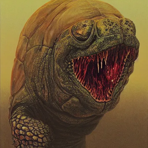 Image similar to A tortoise covered in blood, roaring in antipication of death, style of keith thompson, laurie lipton, Zdzisław Beksiński