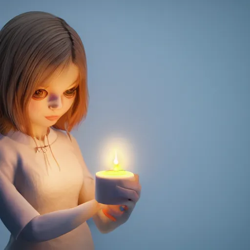 Prompt: A cute girl holding a glowing candle, fragile, soft, vray, hyperdetailed, 3d character, game character