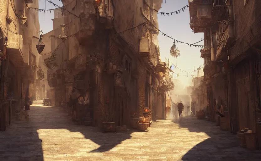 Image similar to cinematic medieval middle east alleyway, arabic, persian, dawn, market, little spice shops, bazaar, steam punk, unreal engine 5, trending on art station