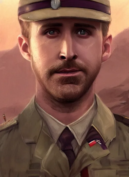 Image similar to purple scene lighting, detailed character portrait!!! concept art, older ryan gosling as a soldier with beard, short hair, in a soldier uniform, desert background, city skyline, sharp focus, illustration, highly detailed, digital painting, concept art, matte, art by wlop and artgerm and greg rutkowski, masterpiece