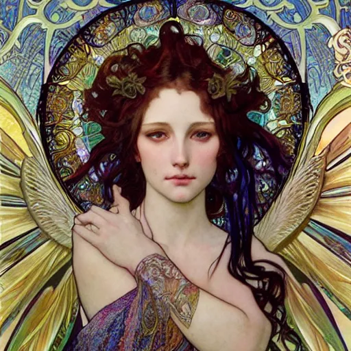 Prompt: realistic detailed face portrait of biblically accurate angel with iridescent peacock feathers in her hair by Alphonse Mucha, Ayami Kojima, Amano, Charlie Bowater, Karol Bak, Greg Hildebrandt, Jean Delville, and Mark Brooks, Art Nouveau, Neo-Gothic, gothic, rich deep moody colors, rule 34