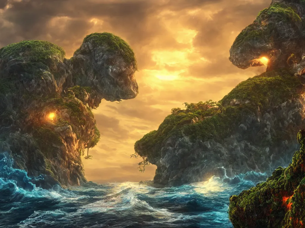 Prompt: flying rocky island, avatar, stormy sea, vines hanging down, cinematic, sunset, hyper-realistic, high resolution, concecpt art, artstation