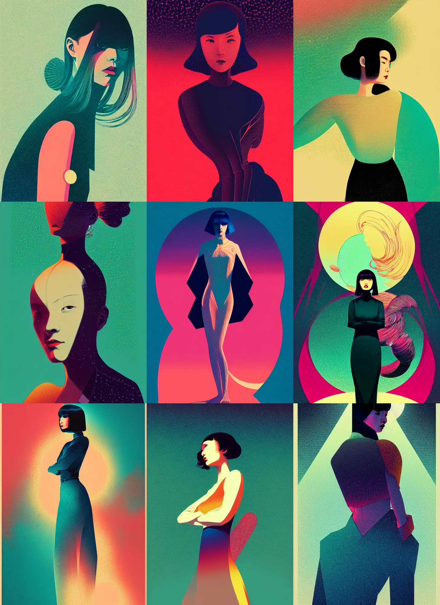 Prompt: ( ( dither ) ), editorial illustration portrait of miona hori posing, dynamic pose, modern art deco, colorful, ( ( mads berg ) ), christopher balaskas, victo ngai, rich grainy texture, detailed, dynamic composition, wide angle, moebius, matte print, wood block print