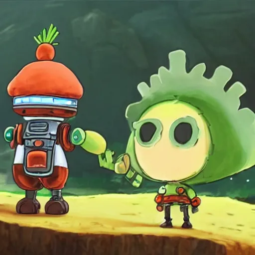 Image similar to cute little robot with big avocado hat and a carrot sword, made in abyss style