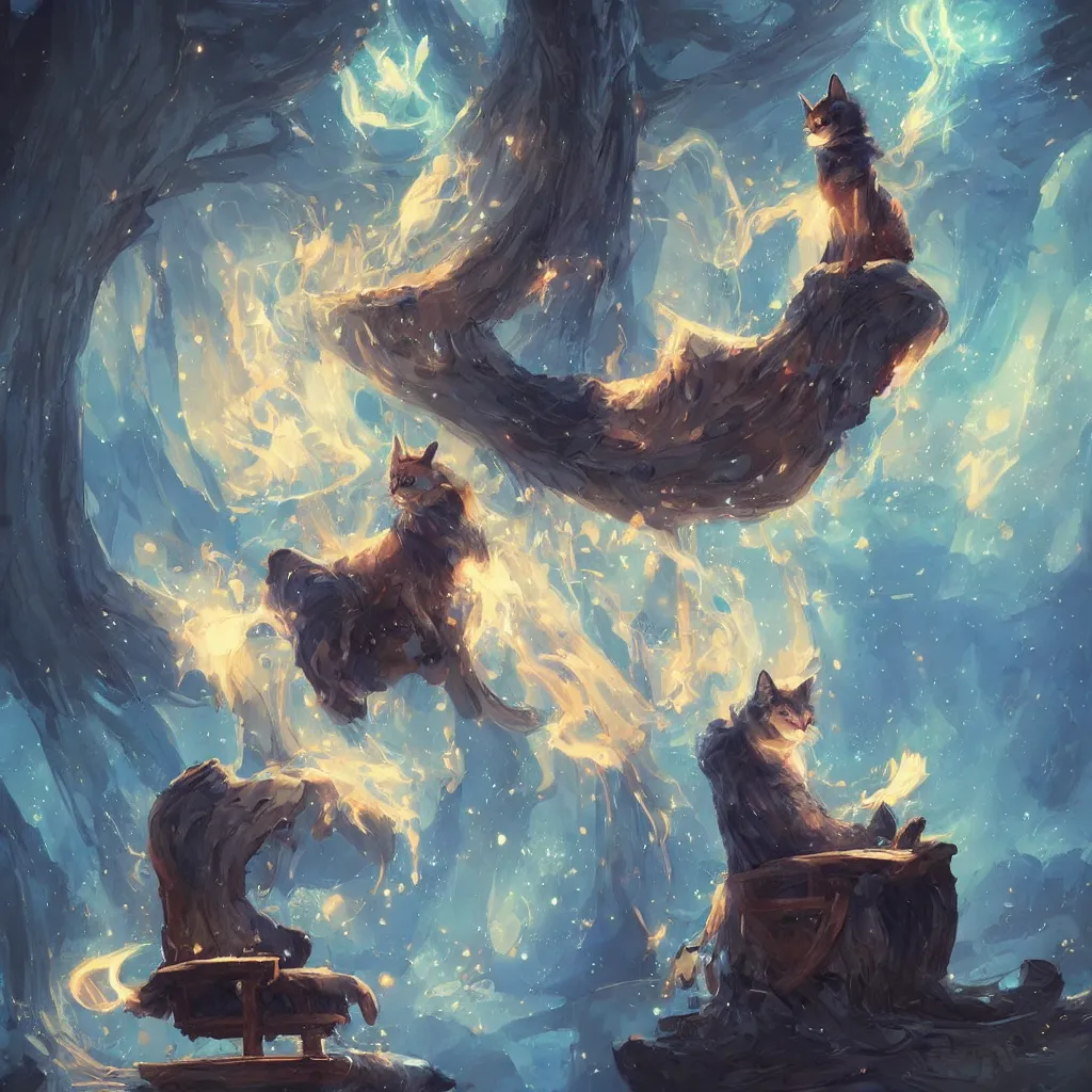 Image similar to anime cat with cloak sitting on a magical wood carved chair, super powers, glowing tiny blue lines, concept art, by greg rutkowski, overdetailed art