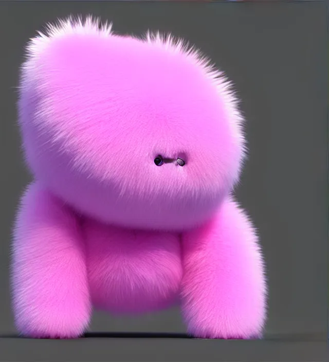 Image similar to high quality 3 d render hyperrealistic very cute big pink little spherical creature, happy, smile, plush mascot, short spiky dense fluffy smooth fur, isometric view, pink fluffy fur, 1 5 0 mm, beautiful natural soft light, rim light, smooth background, artstation, ultra detailed, elegant, ultra detailed, metallic armor, octane render