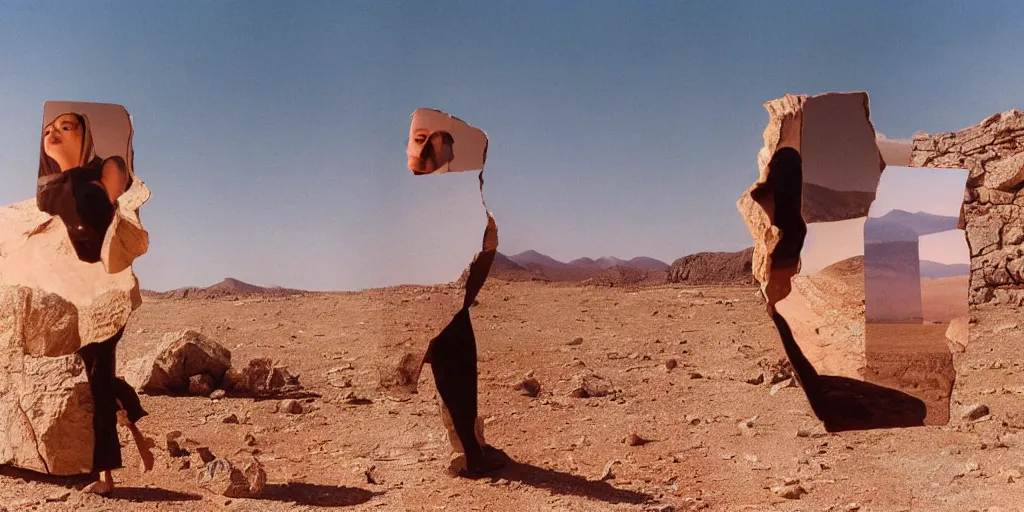 Image similar to levitating woman with full - face golden mask in a dry rocky desert landscape, visible sky and sunny atmosphere, fata morgana and giant square mirrors by alejandro jodorowsky, anamorphic lens, kodakchrome, practical effects, masterpiece, 8 k