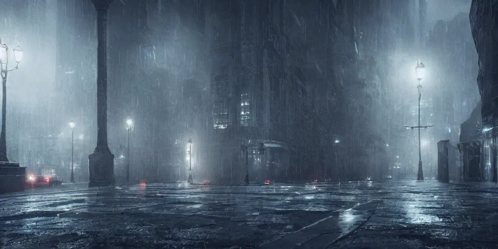 Image similar to a cold and melancholic city in a dark cavern, rainy and gloomy atmosphere, fantasy digital art, octane render, beautiful composition, trending on artstation, award - winning photograph, masterpiece