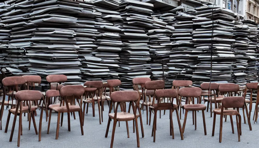 Image similar to chairs piled up ten meters high along the walls of the street, hyperrealistic shaded