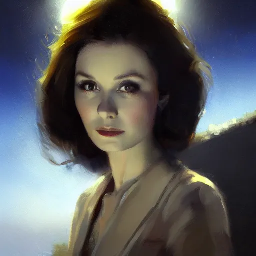 Image similar to closeup portrait of a young vivian leigh, dramatic lighting, city background, night, moon, chiaroscuro, high detail, painted by greg rutkowski, painted by igor kieryluk, painted by bobby chiu, trending on artstation