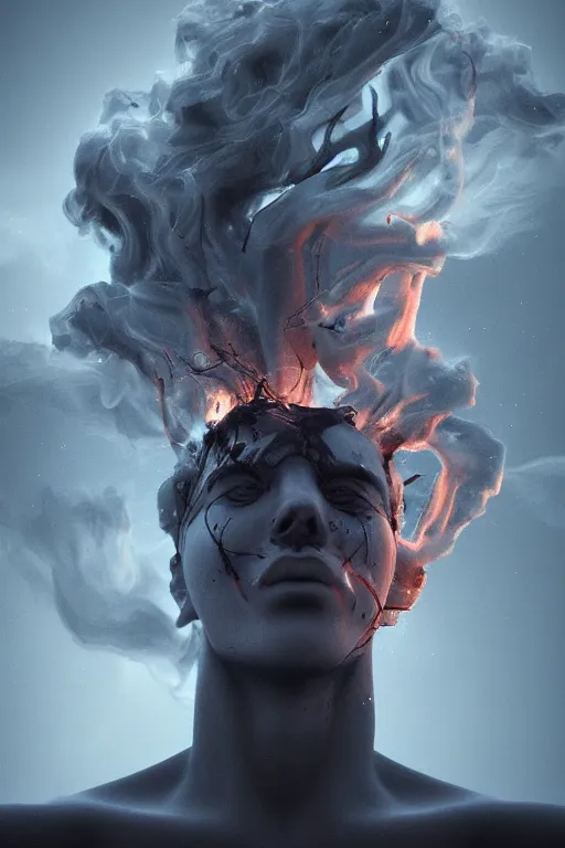 Prompt: beautiful god of smoke, radiating with power, concept art, dark clouds, black mist, scary, ominous, unreal engine, photorealistic, Digital Art, burning eyes, houdini rendering, trending artstation, photorealistic, vintage