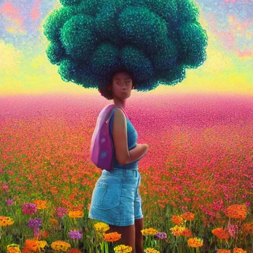 Prompt: girl with afro made of flowers, standing in a field with flowers, surreal photography, hills, big trees, sunrise dramatic light, impressionist painting, colorful clouds, digital painting, pointillism, artstation, simon stalenhag