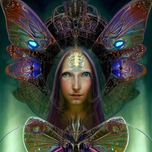 Image similar to beautiful closeup portrait of an android fairy queen, glowing eyes. reflective detailed textures, moth wings, highly detailed dark fantasy science fiction painting by donato giancola and peter mohrbacher and nicholas roerich, elaborate geometric ornament, ancient runes, silver and cool colors. artstation