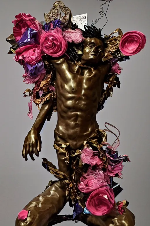 Image similar to a papercraft scene made entirely of pipecleaners and crumpled foil of Jean-Michel Basquiat as a full-body bronze baroque statue of Icarus in the posing like a bird for flight, crown of peach roses, flowing pink-colored silk, fabric, flowers. baroque elements, human skull. full-length view. baroque element. intricate artwork by caravaggio. many many birds birds on background. Trending on artstation, octane render, cinematic lighting from the right, hyper realism, octane render, 8k, depth of field, 3D