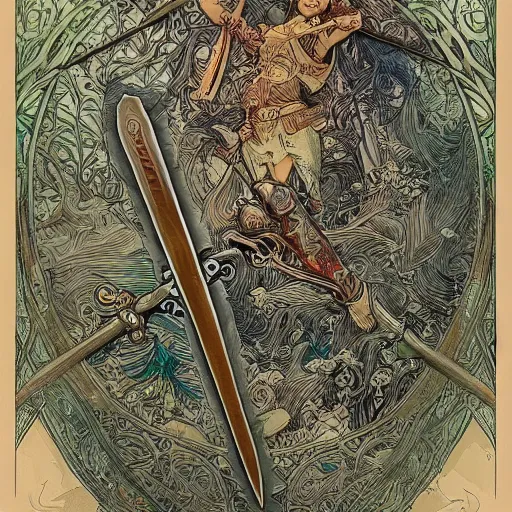 Prompt: large sword, sword pommel made of a pine tree, sword hilt is made of roots, sword blade is a clock hand + cinematic + marc simonetti, paul pope, peter mohrbacher, alphonse mucha, detailed, intricate ink illustration, tattoo