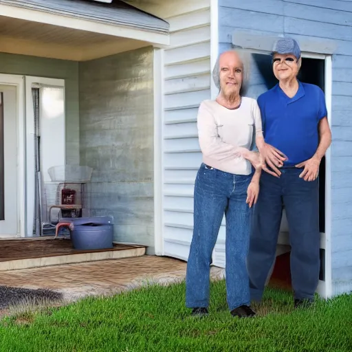 Image similar to a man and a woman around 3 0 years are standing in the backyard of a downtown home. realistic colors, detailed photo 8 k