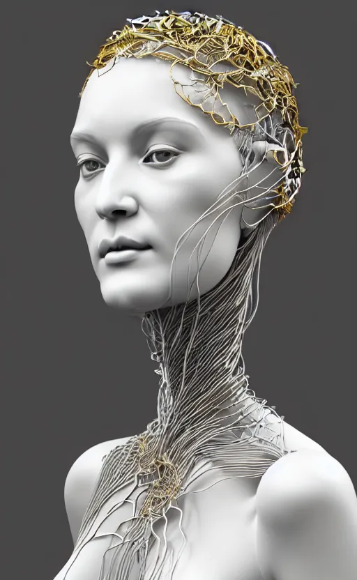 Image similar to complex 3d render of a beautiful porcelain profile woman face, hazel eyes, ultra detailed, vegetal dragon cyborg, 150 mm, beautiful natural soft light, rim light, silver gold lemon metallic details, magnolia big leaves and stems, roots, fine lace, maze like, mandelbot fractal, anatomical, facial muscles, cable wires, microchip, elegant, white metallic armour, octane render, black and white, H.R. Giger style