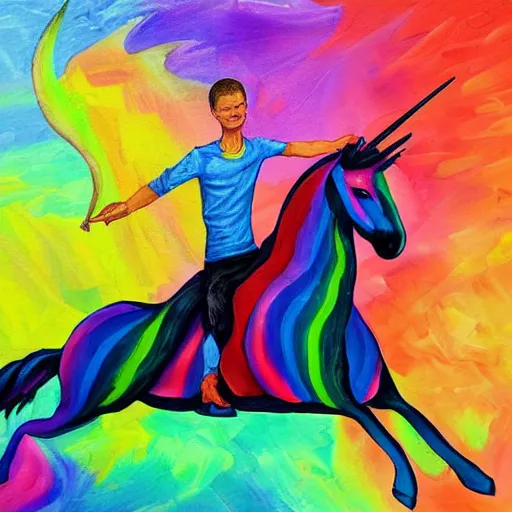 Prompt: Vitalik Buterin riding a unicorn, colorful painting