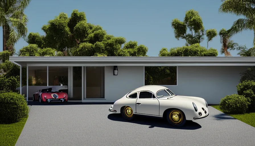 Prompt: EICHLER home, 1950s, by Asher Durand. driveway, PORSCHE 356, intricate artwork, octane render, cinematic, hyper realism, golden hour, octane render, 8k, depth of field, bokeh. iridescent accents, vibrant.-H 704