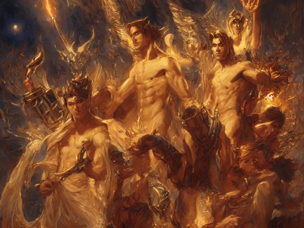 Image similar to attractive male deity, casts dark spell to summon attractive lucifer morningstar. highly detailed painting by gaston bussiere, craig mullins, j. c. leyendecker 8 k