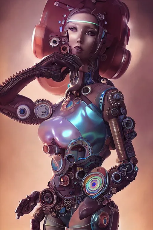 Prompt: retrofuturistic female android, steampunk, gears, detailed mechanical parts, painting by artgerm beeple julie bell
