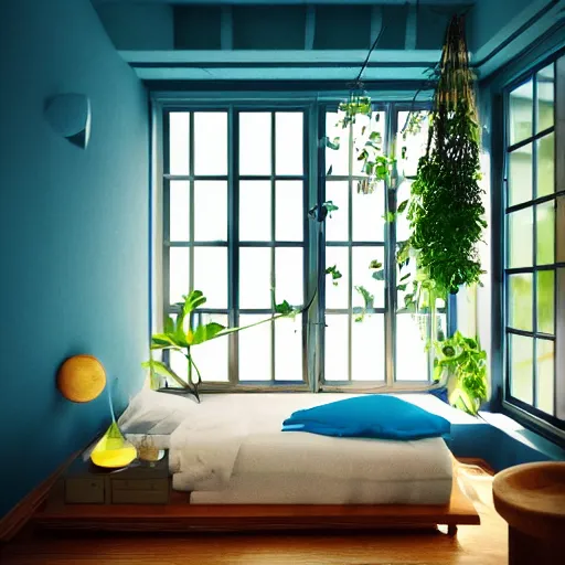 Image similar to a room with a blue bed in the corner, with a window next to the bed, plants in the window, sunlight coming through the window, wooden walls and a lava lamp, light reflections, professional photo, artstation trend, hdr