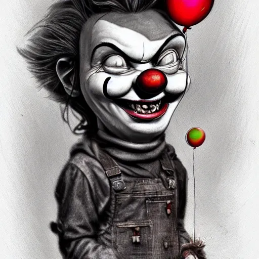 Image similar to surrealism grunge cartoon portrait sketch of the lost man with a wide smile and a red balloon by - michael karcz, loony toons style, pennywise style, chucky style, horror theme, detailed, elegant, intricate