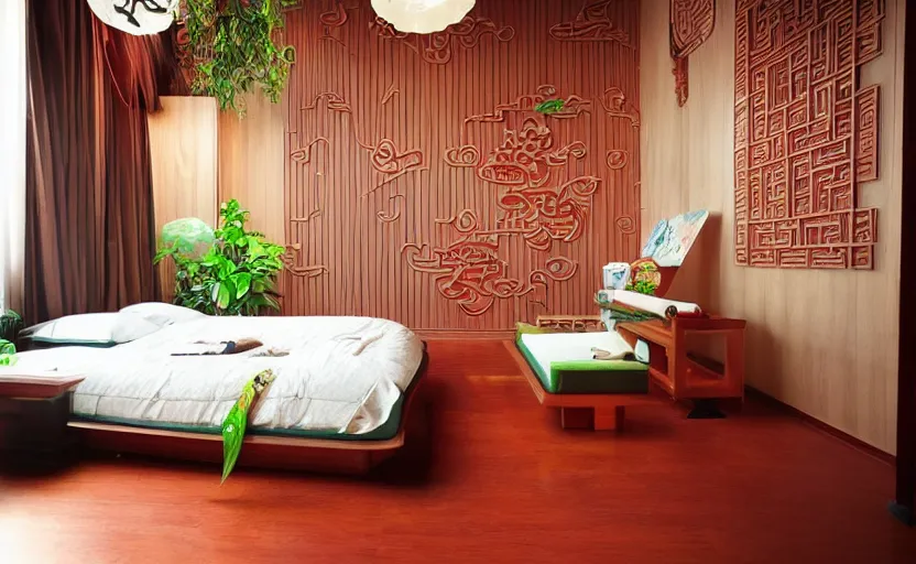 Prompt: a retro futuristic bedroom, chinese style, bright, feng shui, earth colors, wood, plants, cupboards, bed, curtains, minimalistic, art nouveau