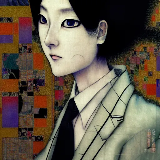 Image similar to yoshitaka amano blurred and dreamy realistic three quarter angle portrait of a woman with white hair and black eyes wearing dress suit with tie, junji ito abstract patterns in the background, satoshi kon anime, noisy film grain effect, highly detailed, renaissance oil painting, weird portrait angle, blurred lost edges