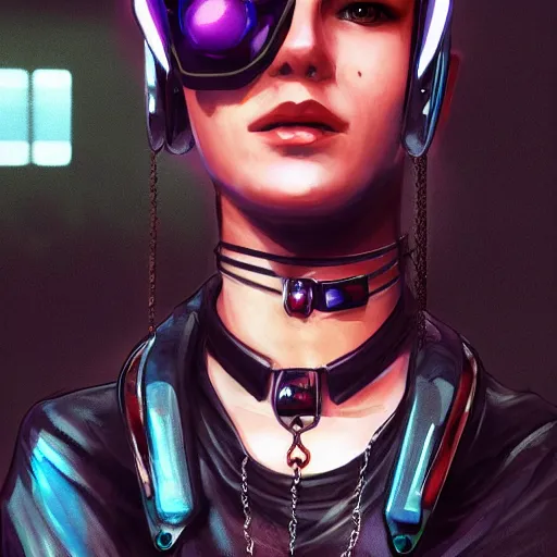 Prompt: female character cyberpunk wearing spiked black collar around neck, realistic, art, beautiful, 4K, HD, collar, choker, collar, choker, punk, artstation, wallpaper,