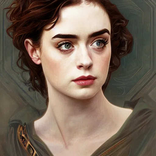 Image similar to portrait of a combination of Ashley Green, Maisie Williams, Krysten Ritter, Anne Hathaway and Adriana Dxim, Grace Kelly and Lily Collins by Alphonse Mucha, trending on artstation