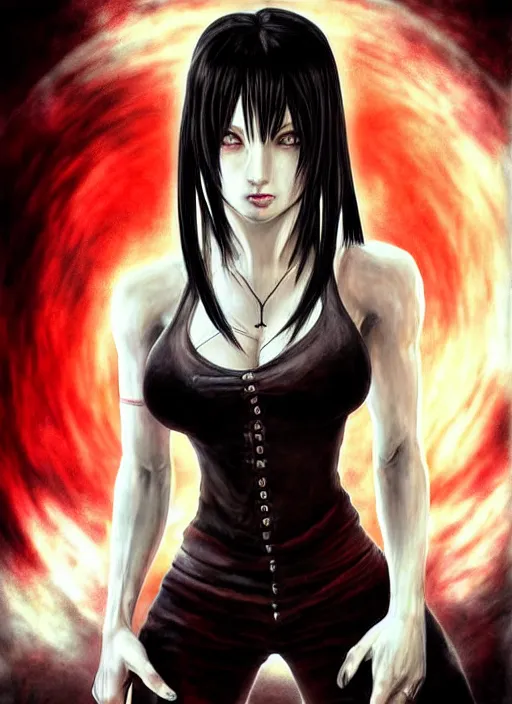 Prompt: administrator of nightmare realm Tifa Lockhart stares intently at you. ultra detailed painting at 16K resolution and epic visuals. epically surreally beautiful image. amazing effect, image looks crazily crisp as far as it's visual fidelity goes, absolutely outstanding. vivid clarity. ultra. iridescent. mind-breaking. mega-beautiful pencil shadowing. beautiful face. Ultra High Definition. processed twice. polished marble.