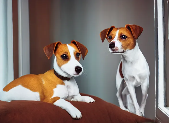 Image similar to photography of a Jack Russel . watching outside the window. on a bed. in a vintage room full of vinyls and posters.,volumetric light, photorealistic,, award winning photo, 100mm, sharp, high res