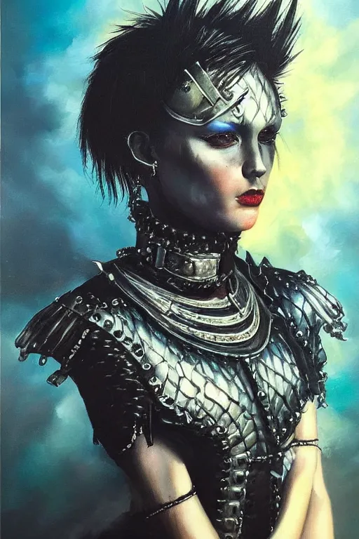 Prompt: hyperrealism oil painting, close - up portrait of punk gothic medieval brunette fashion model, knight, steel gradient mixed with nebula sky, in style of baroque