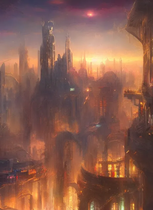 Image similar to ethereal starlit city of magic lost in time at sunset, art station, italian futurism, matte painting, johan grenier, hd, digital painting