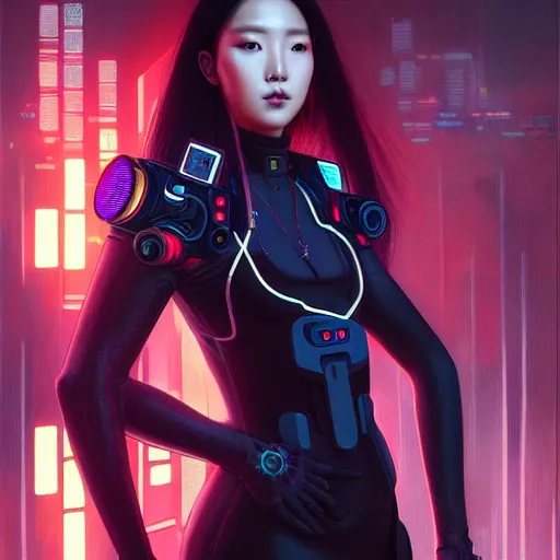 Image similar to portrait painting of cyberpunk hyejin from loona as a drone operator, ultra realistic, concept art, intricate details, eerie, highly detailed, photorealistic, octane render, 8 k, unreal engine. art by artgerm and greg rutkowski and magali villeneuve and alphonse mucha