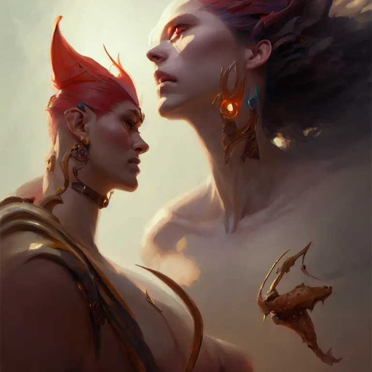 Prompt: a portrait of a stunning humanoid, by mandy jurgens and pete mohrbacher and greg rutkowski, in frame, low angle, detailed facial features, fantasy, d & d