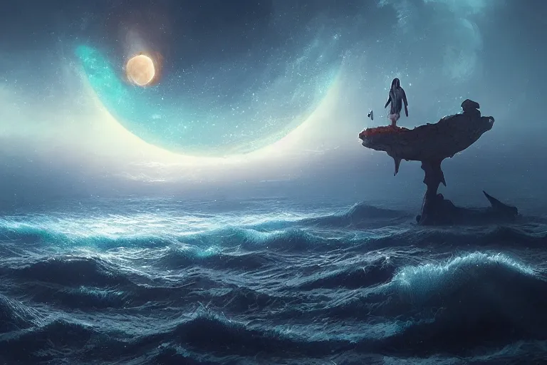 Image similar to glitched fantasy painting, the night sky is an upside down ocean, the moon is a lure, half submerged by jessica rossier