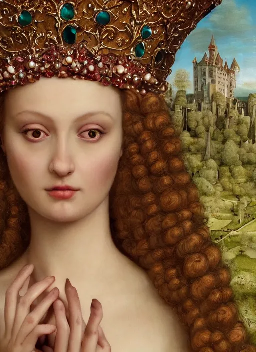 Prompt: closeup medieval jan van eyck face portrait of a fairytale princess wearing a crown eating cakes in the castle, bikini, depth of field, zeiss lens, detailed and intricate environment, fashion photoshoot by nicoletta ceccoli, mark ryden, lostfish, breathtaking, 8 k resolution, extremely detailed, beautiful, establishing shot, artistic, hyperrealistic, octane render