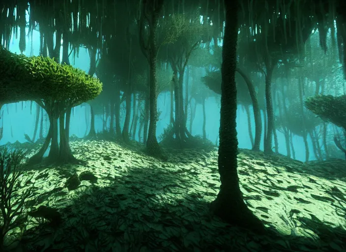 Image similar to underwater forrest. Intricate. Very detailed 8k. Fantasy horror. Sharp. Cinematic post-processing. Unreal engine. Nanite. Ray tracing. Parallax. Tessellation